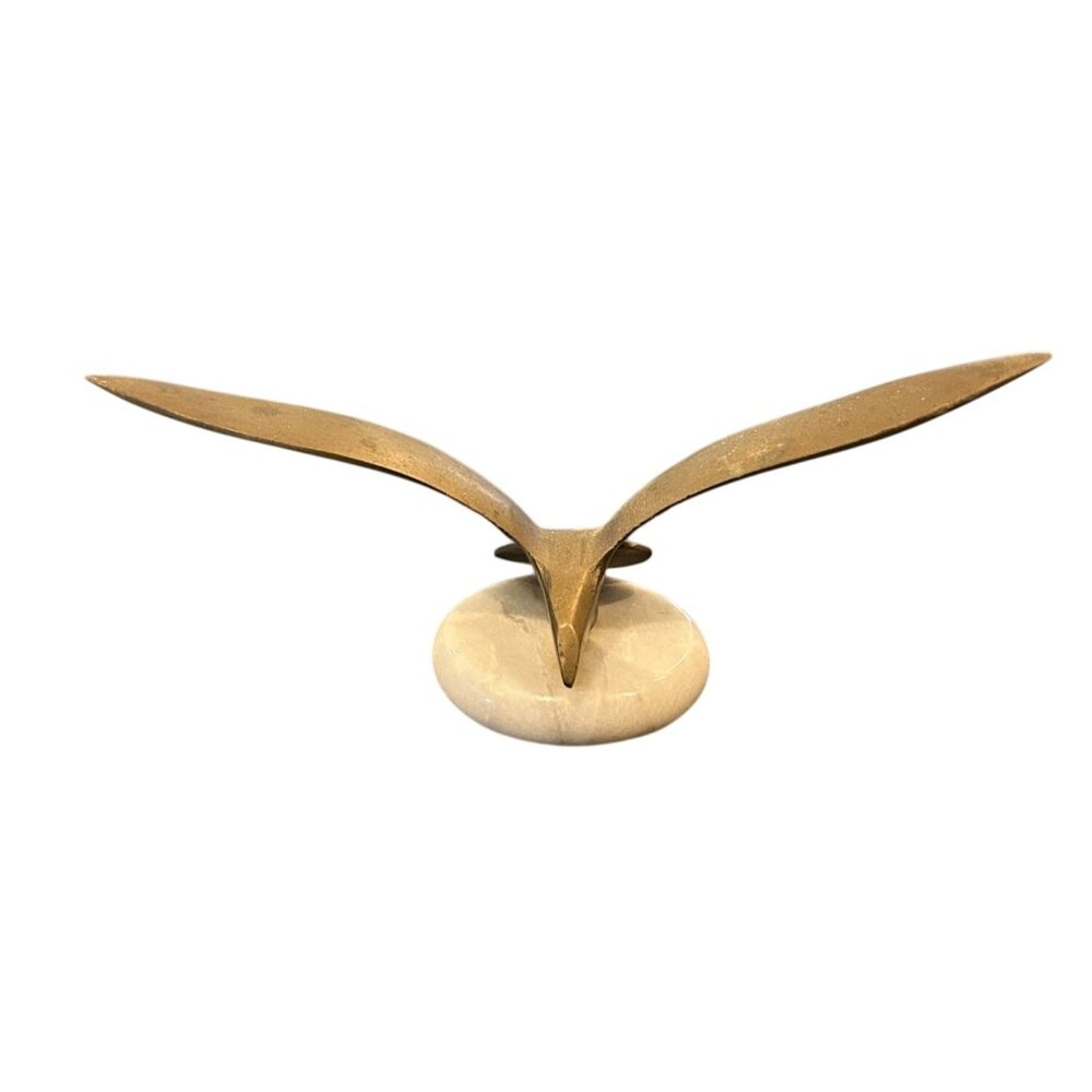 Vintage Mid-Century Modern Solid Brass Seagull Sculpture On Marble Base